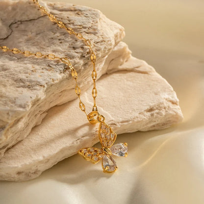 18K Gold Stainless Steel Inlaid White Zircon Butterfly Pendant Necklace