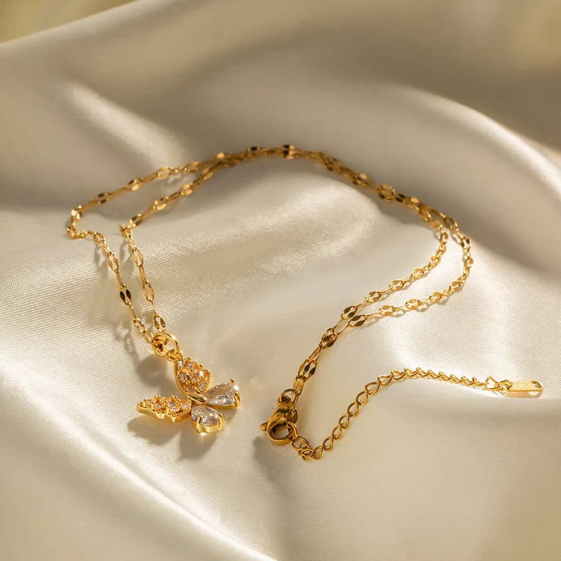18K Gold Stainless Steel Inlaid White Zircon Butterfly Pendant Necklace