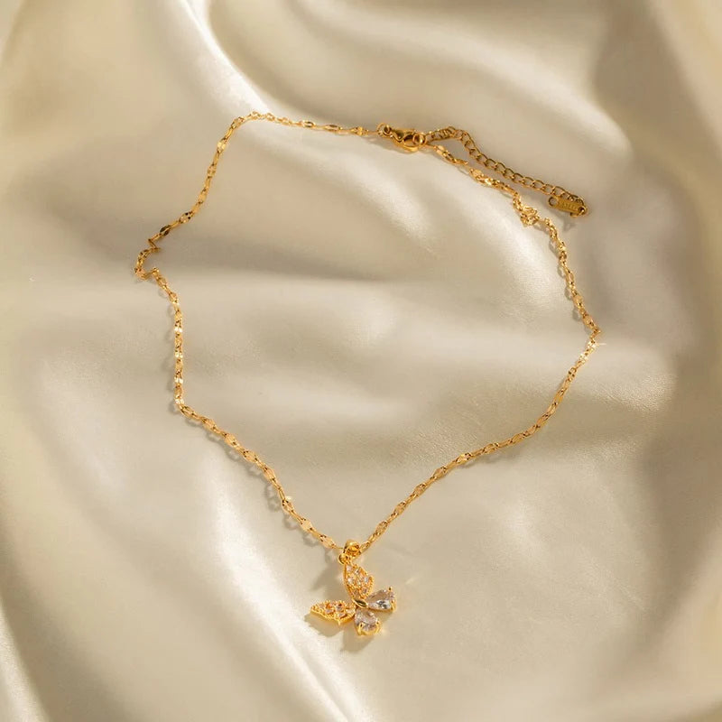 18K Gold Stainless Steel Inlaid White Zircon Butterfly Pendant Necklace